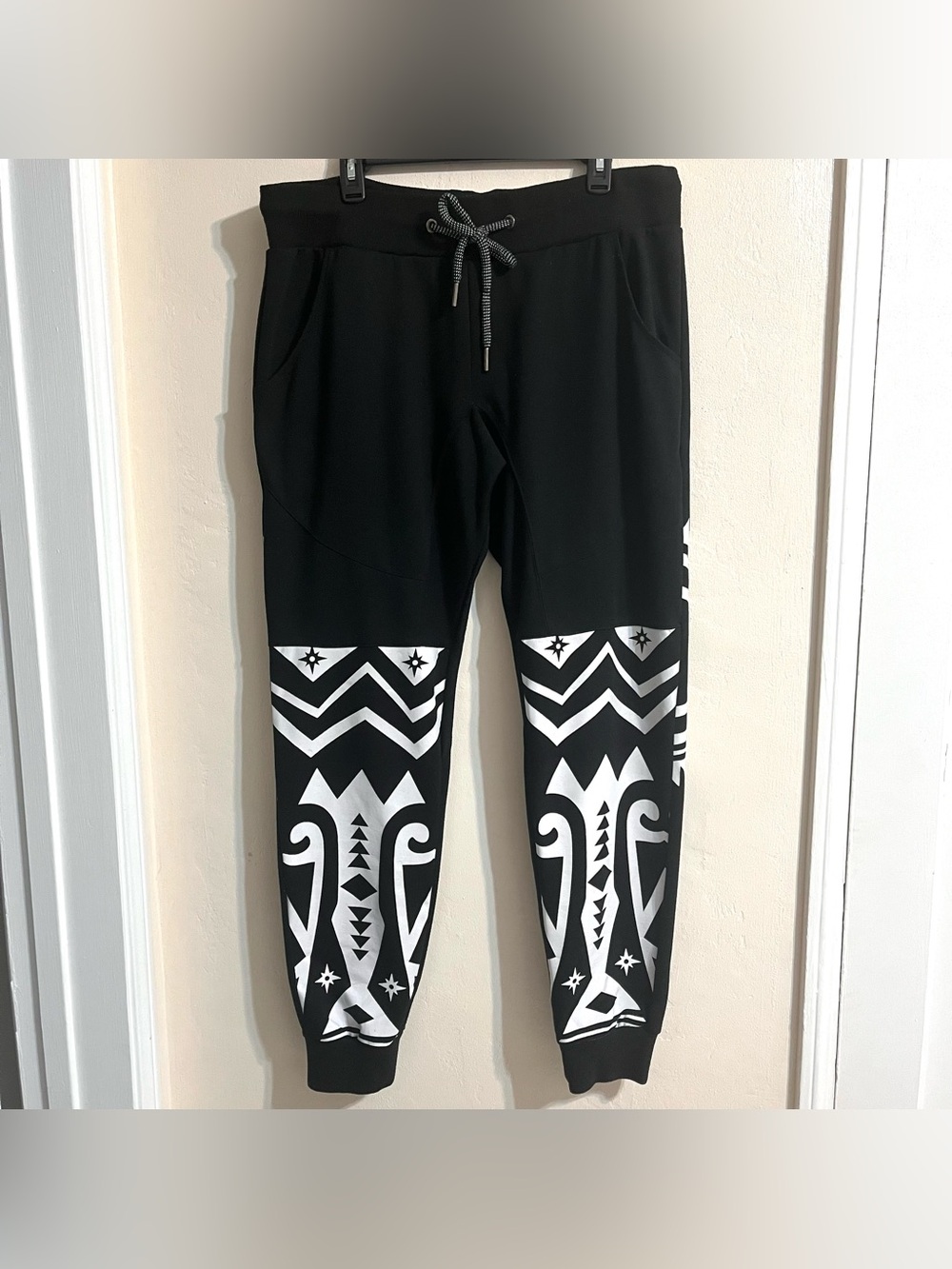 Black Jogger Pants with White Aztec Print Retro Distrikt Drawstring Cuff Ankles